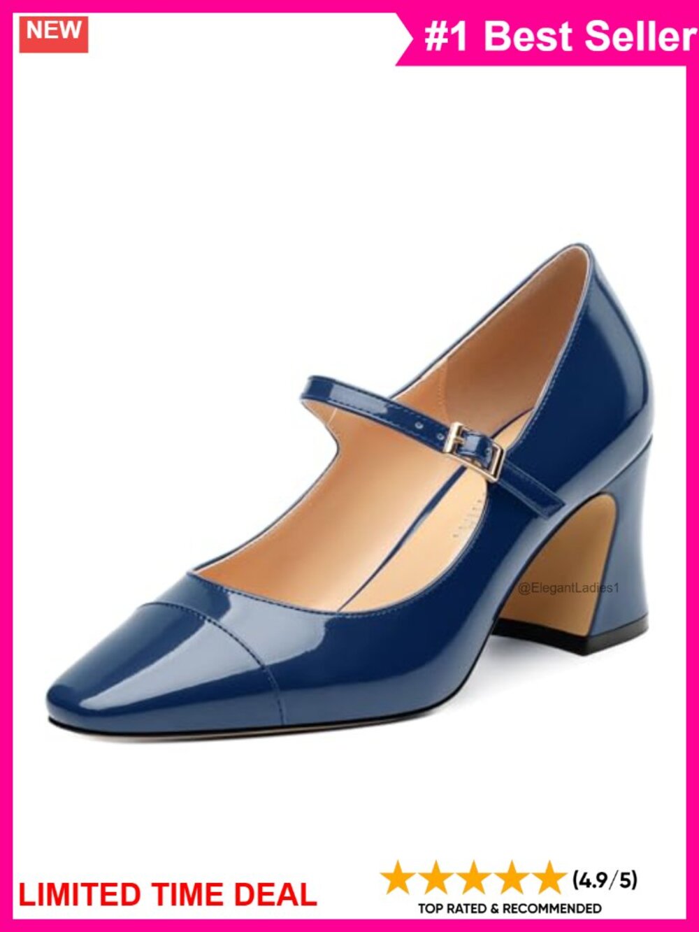 Mary Jane Heels Chunky Block Pumps Square Toe Patent Buckle Strap